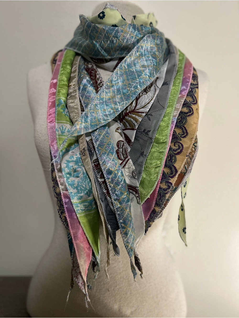 Reversible Indian 10 Panel Recycled Silk Sari Scarf, Vintage 74"X12" In Size